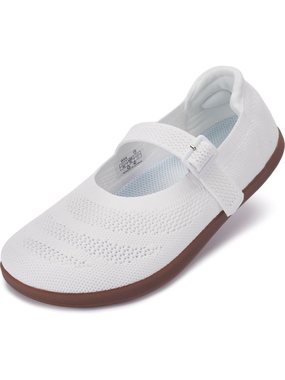Women's White Knit Mary Jane Wide Toe Box Zero Drop Sole Adjustable Straps Flats